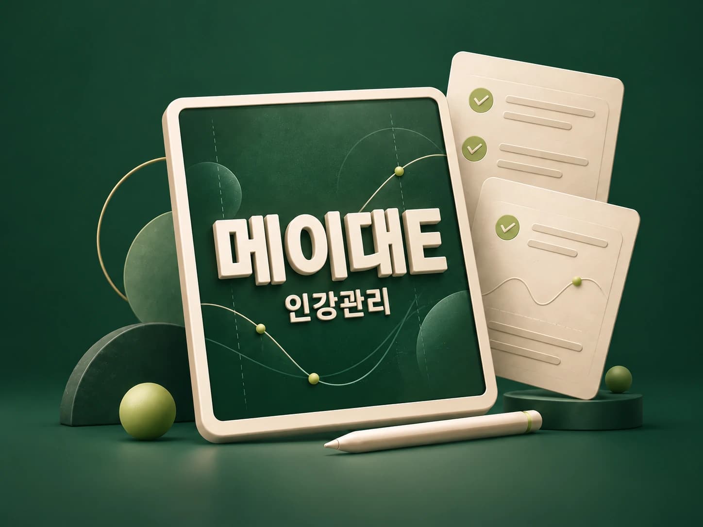 메이대E 인강관리가 적힌 태블릿과 학습 점검 카드를 표현한 입체 일러스트
